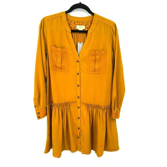 NWT ANTHROPOLOGIE Maeve Mustard Yellow Marlie Button Front Tunic Dress 4 Petite - Picture 2 of 10